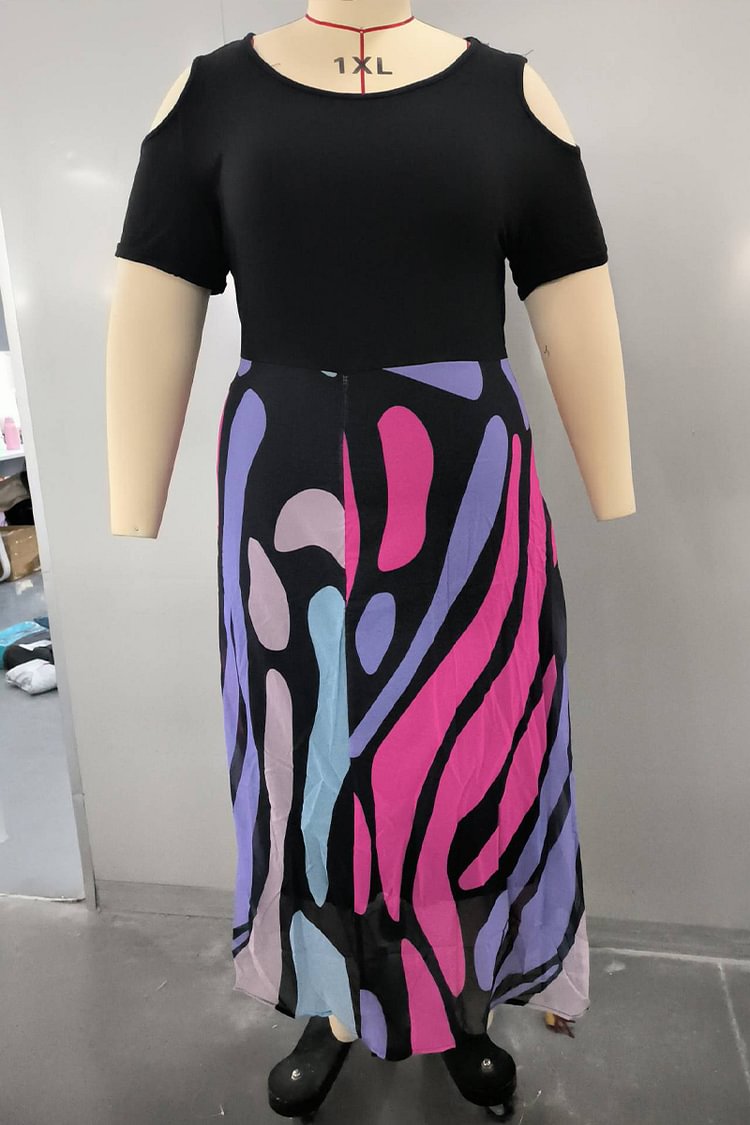 Plus Size Round Neck Cold Shoulder Multi Color Maxi Dresses FlyCurvy Flycurvy [product_label]
