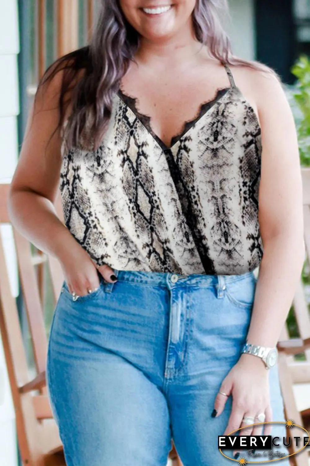 Plus Size Snakeskin Lace Splicing Spaghetti Strap Tank Top