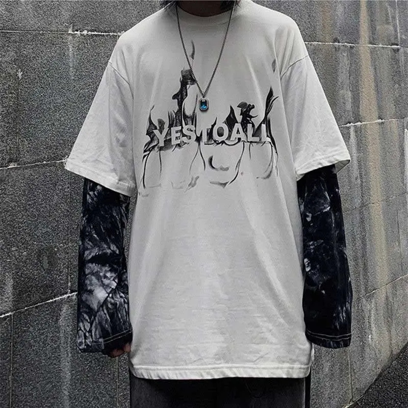 NiceMix Harajuku pumpkin Print letter T shirt Fake 2 Pieces Patchwork Casual Long Sleeve T-shirt Women And Men Streetwear Tops