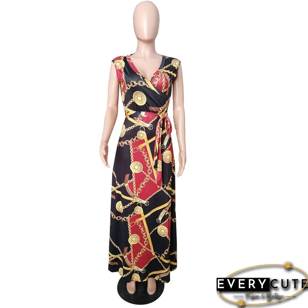 Wine BV Neck Bohemia Print Sleeveless Maxi Dress