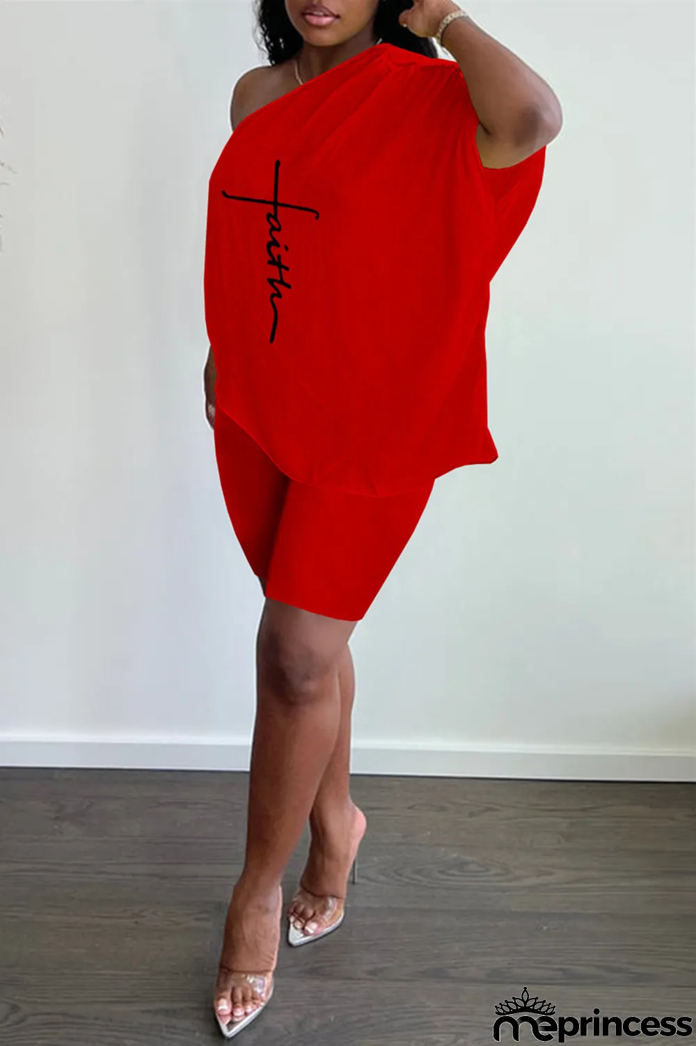 Red Fashion Casual Print Backless Oblique Collar Short Sleeve Two Pieces