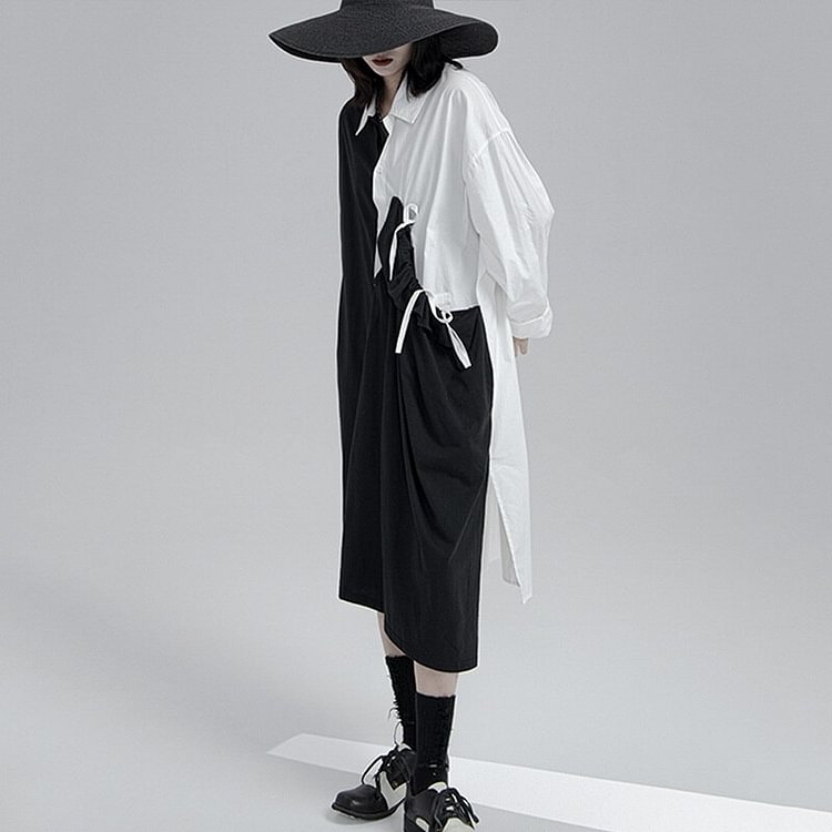 Fashion Loose Lapel Asymmetrical Contrast Color Patchwork Lacing Long Sleeve Shirt Dress  