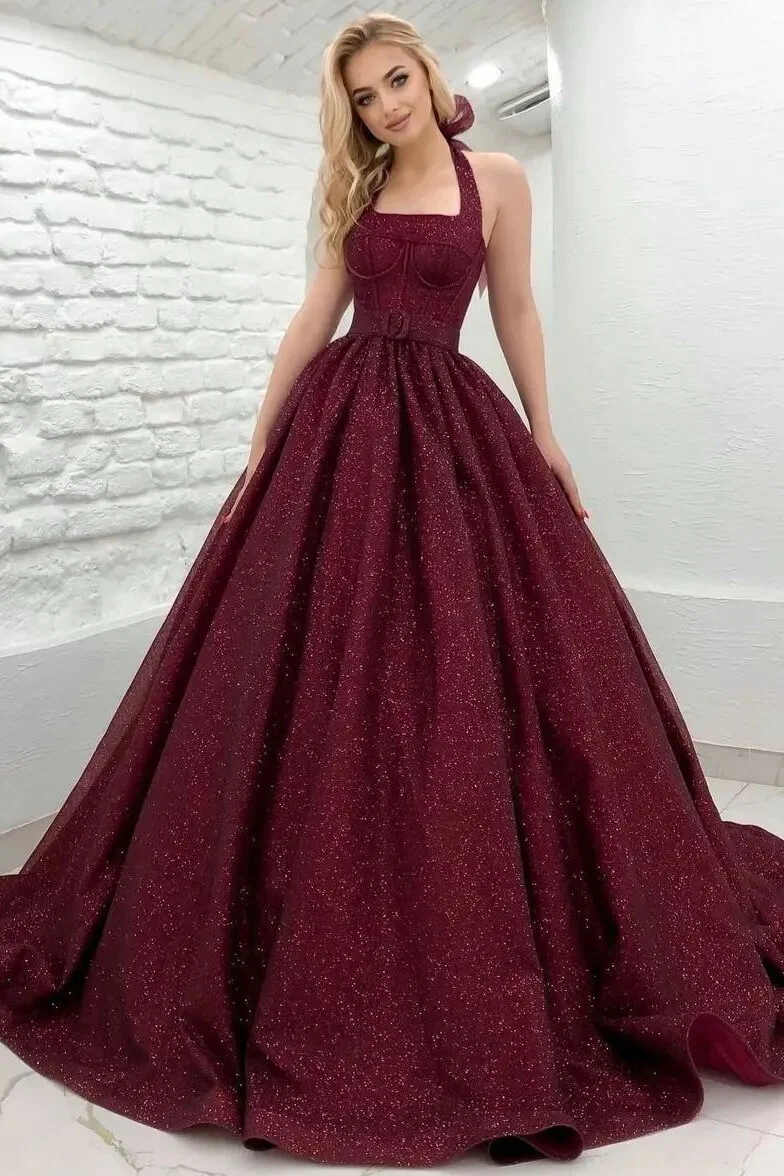 Charming Halter Burgundy Shiny Princess Evening Dress Sleeveless Backless - lulusllly