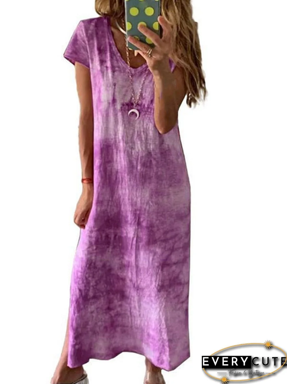 Summer Fashion Tie-Dye Short Sleeve Long Dress Loose V Neck  Maxi Dress