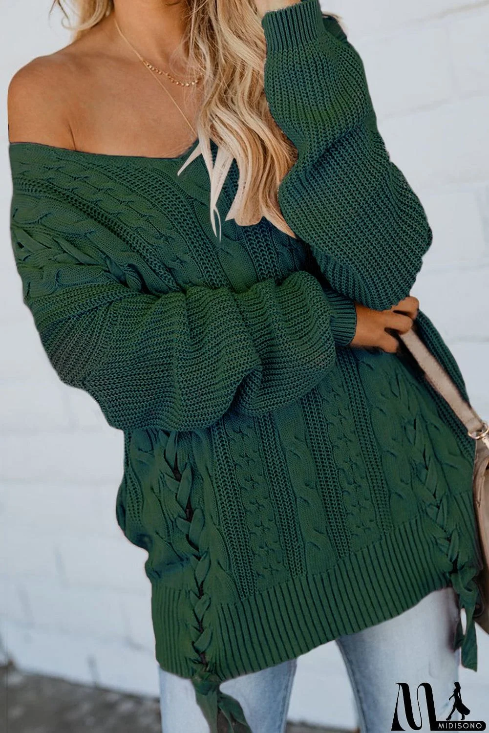 MidiSono - Love Letters Cable Knit Lace Up Sweater