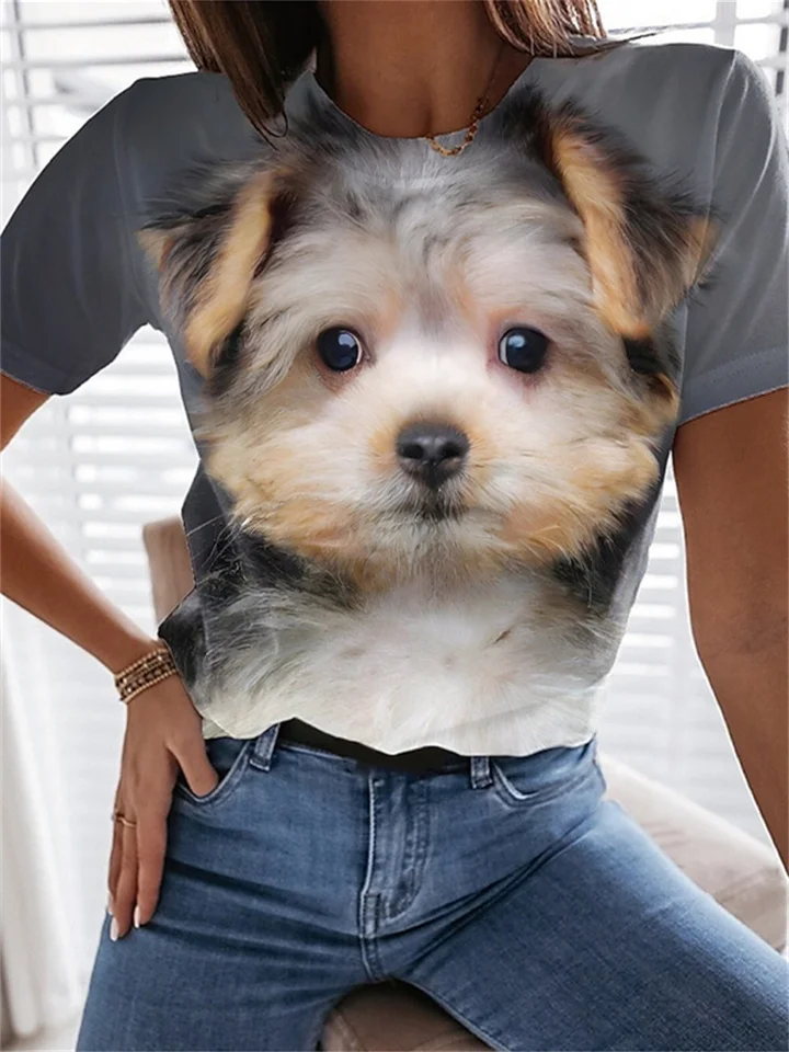 Women's Short-sleeved T-shirt Round Neck Loose Dog Head Pattern 3D Print S M L XL 2XL 3XL 4XL 5XL-Mixcun