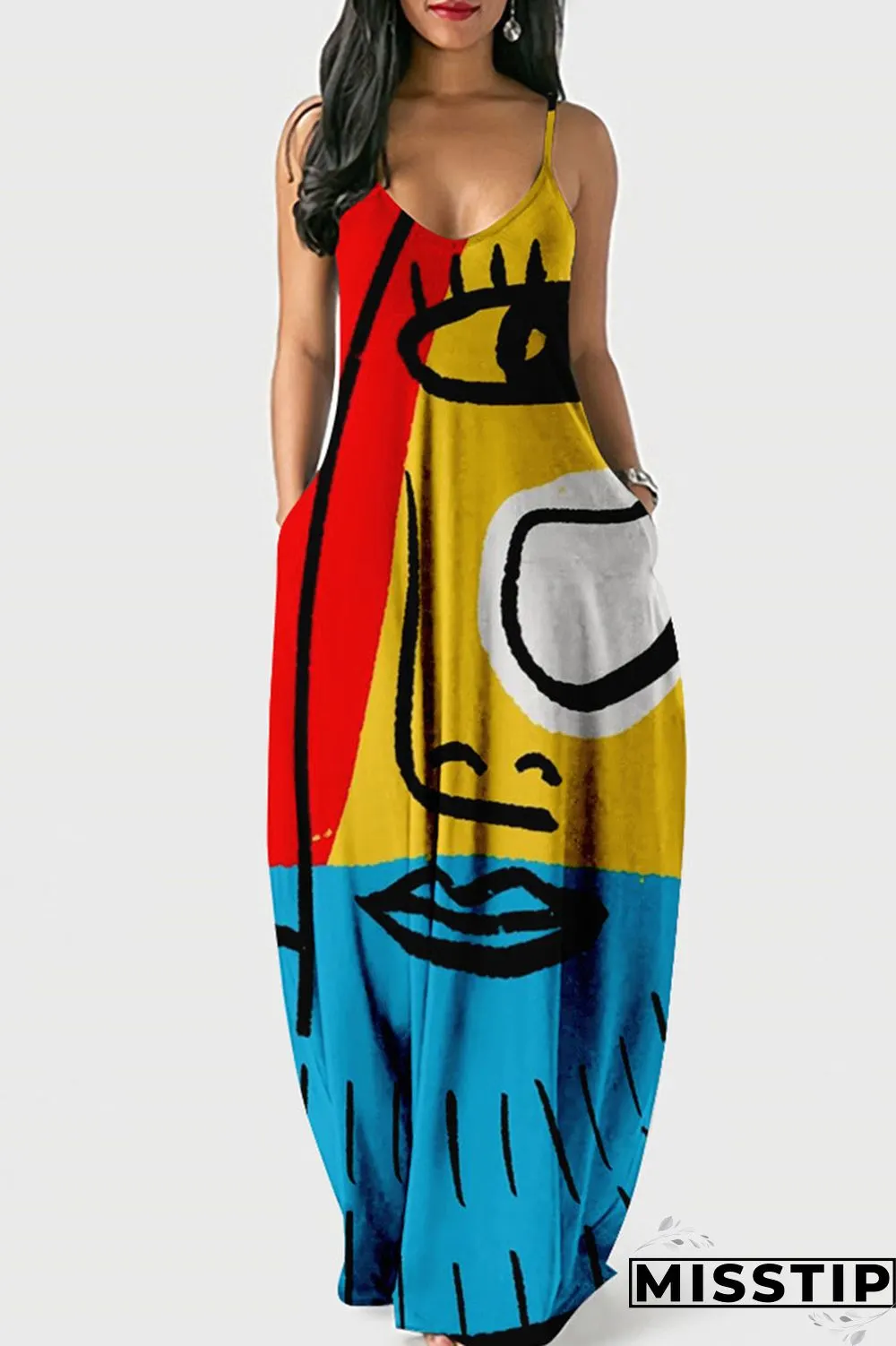 Red Street Print Patchwork Spaghetti Strap Lantern Dress Dresses