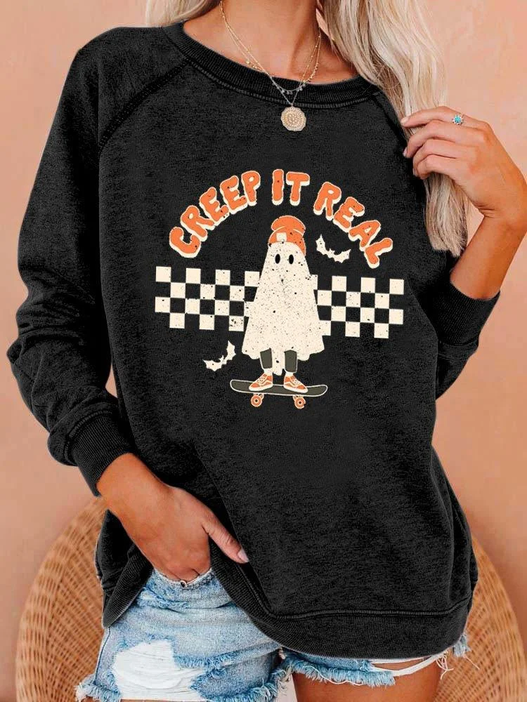 Women's Retro Vintage Ghost Halloween Creep It Real Print Sweatshirt