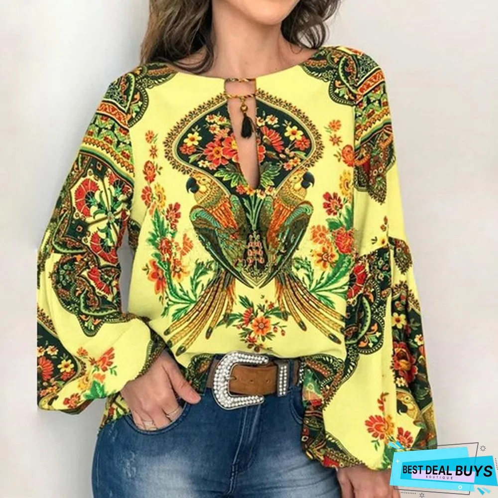 Boho Floral Print Lantern Sleeve Shirt Sexy Lace-Up Tassel O Neck Women Tops Blouse
