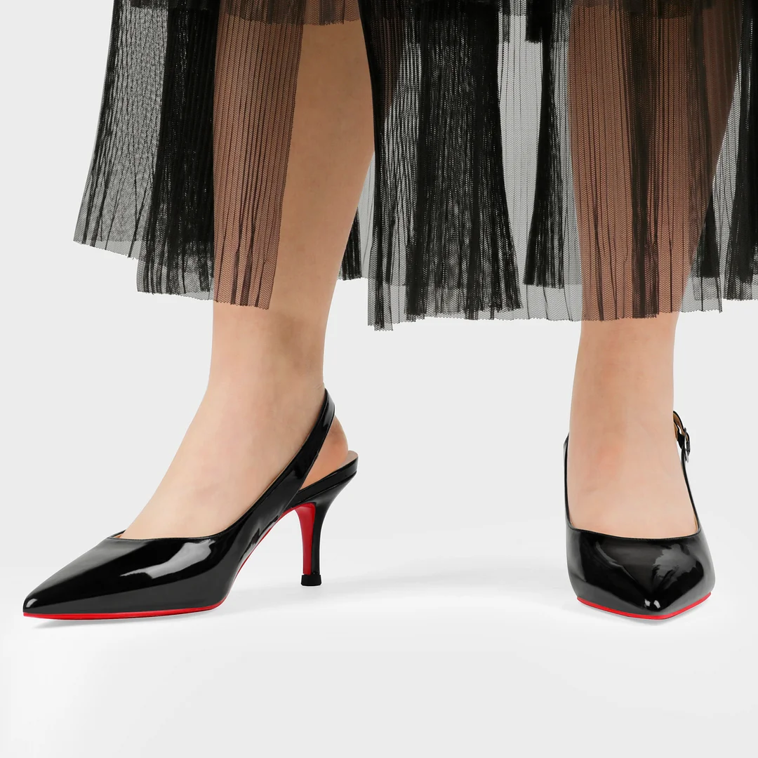 2.36" Women's Pointed Toe Sandals Slingback Shoes Kitten Heel Pumps Patent-MERUMOTE