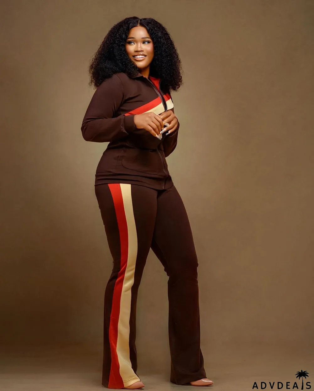 Plus Size Zipper Long Sleeve 2 Piece Pants Sets