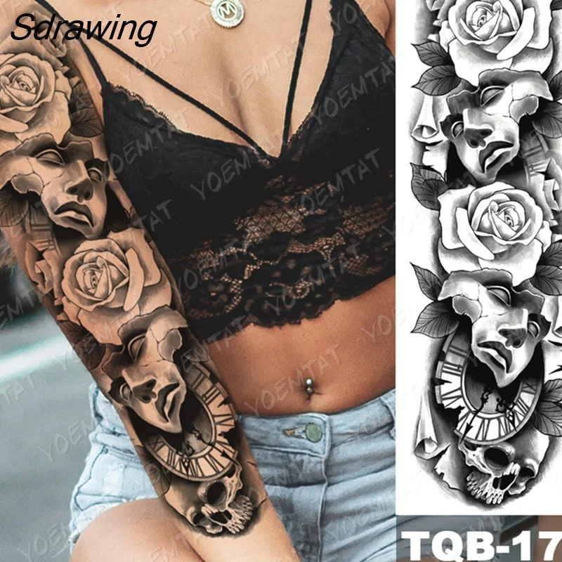 Sdrawing Arm Sleeve Tattoo Tiger Lion Wolf Owl Waterproof Temporary Tatto Sticker Crown Warrior Body Art Full Fake Tatoo Men Women