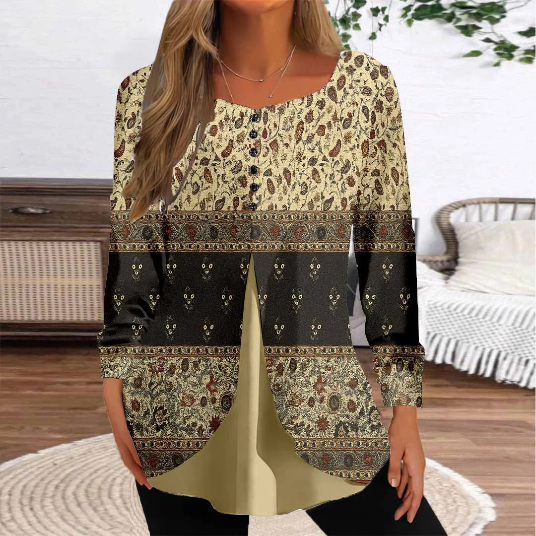 Women Graphic,Brown DZGG8081 Long Sleeve Scoop Neck Printed Graphic Button Fake 2in1 Tops