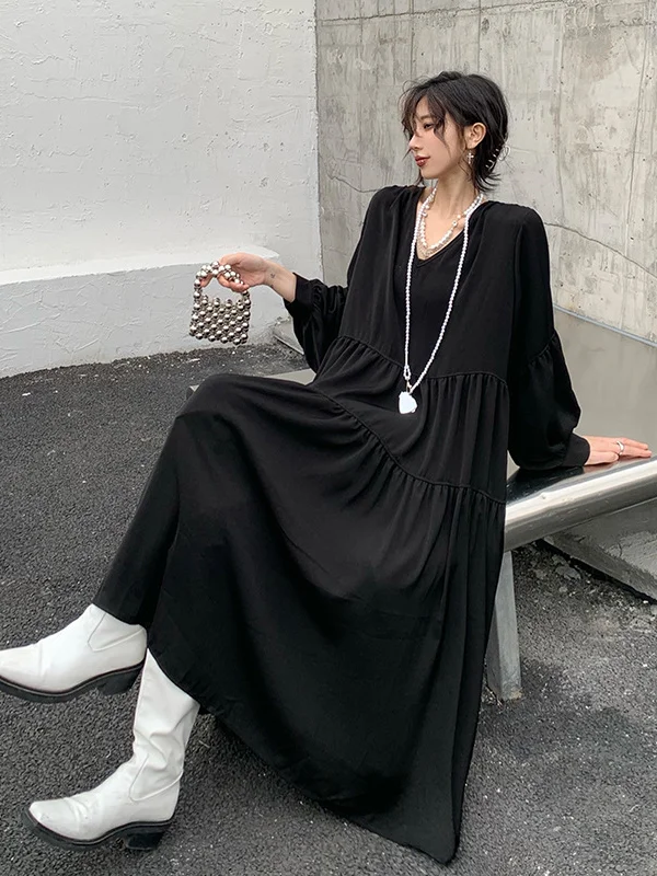 Solid Color Lantern Sleeve Midi Dress - yankia