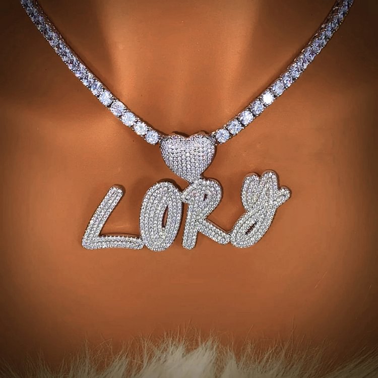 Iced Out Heart Clasp Double Layers Cursive Custom Name Pendant