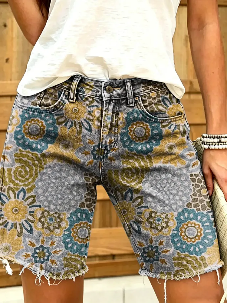 Ethnicity Bohemia Geometry Flowers Women's Art Print Casual Denim Shorts