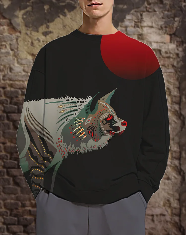 Men's Wolf And Red Moon Art Print Casual Sweatshirt