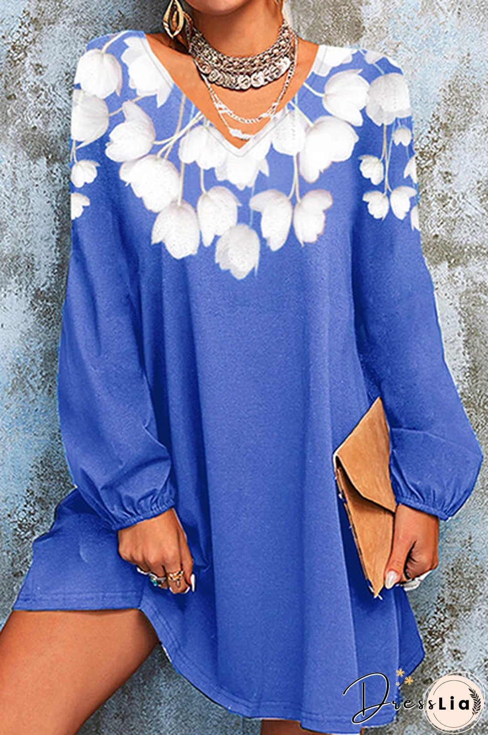 Casual Floral Split Joint  Contrast V Neck A Line Dresses