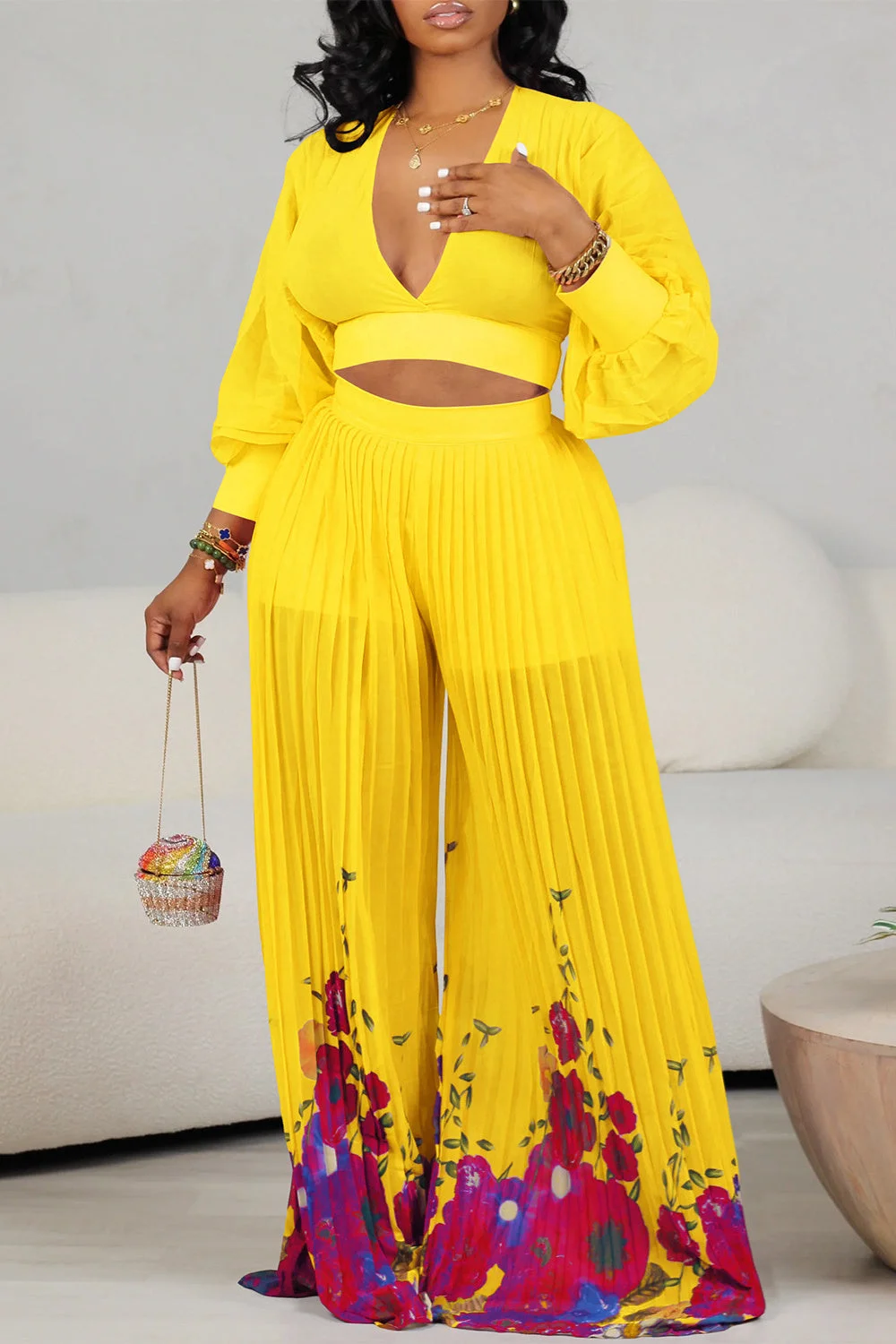 V-neck lantern sleeve pressed pleat two-piece set
