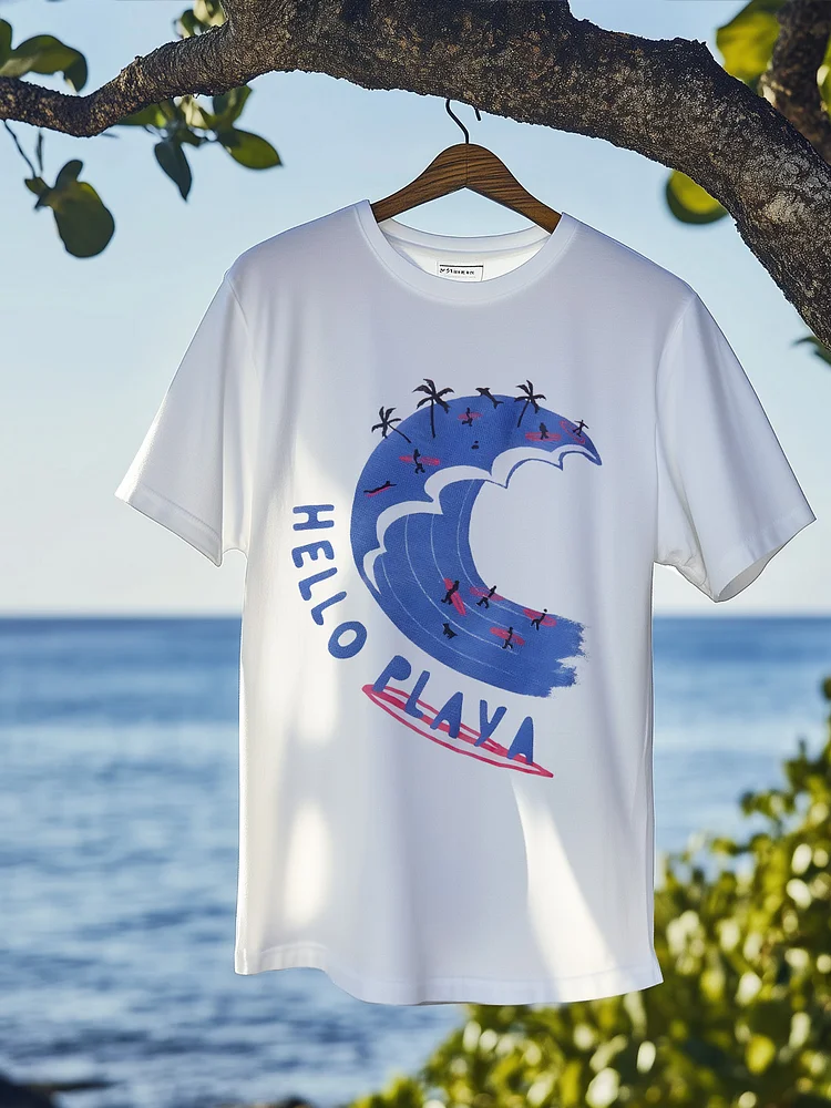 Men's Hawaii Surfing Hello Playa Print Cotton Casual T-Shirt