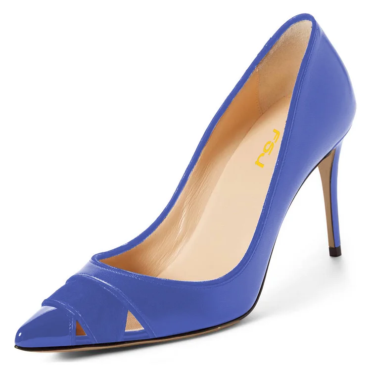 Blue Pointy Toe Hollow Out Dress Shoes Office Stiletto Heels Pumps |FSJ Shoes