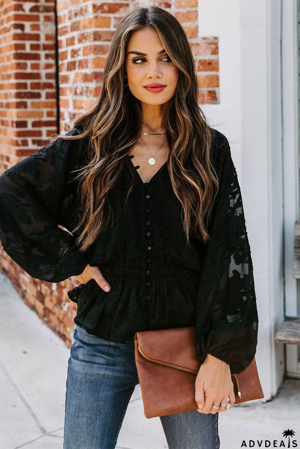 Shimmer Printed V Neck Ruffled Long Sleeve Top