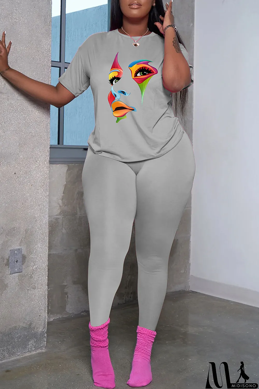 MidiSono - Black Fashion Casual Print Patchwork Basic O Neck Short Sleeve Two Pieces