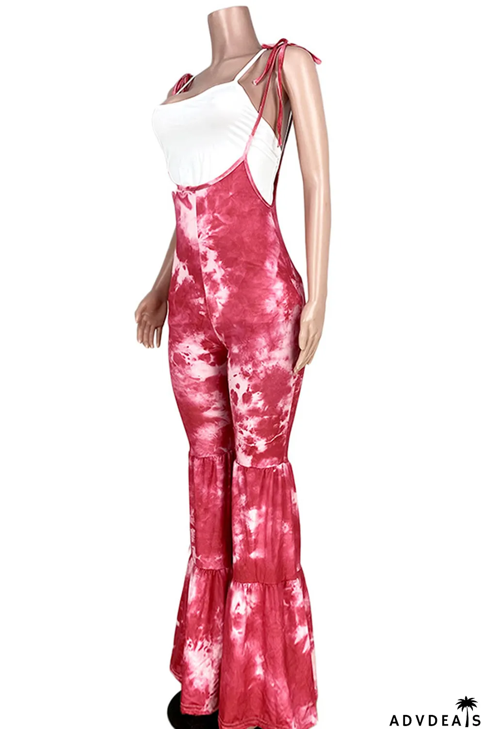 Red street Print Tie-dyed Polyester Sleeveless Slip Jumpsuits