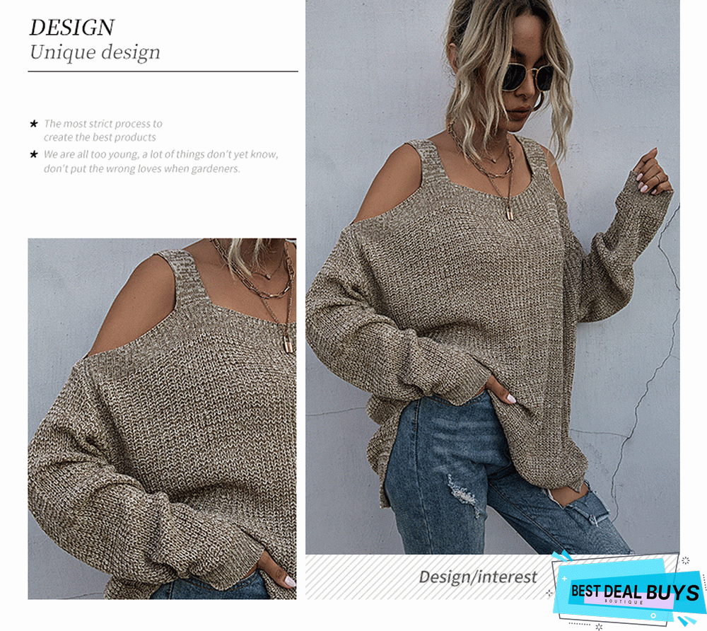 Solid Knit Square Neck Loose Off Shoulder Bottomed Sweater Women's Long Sleeve