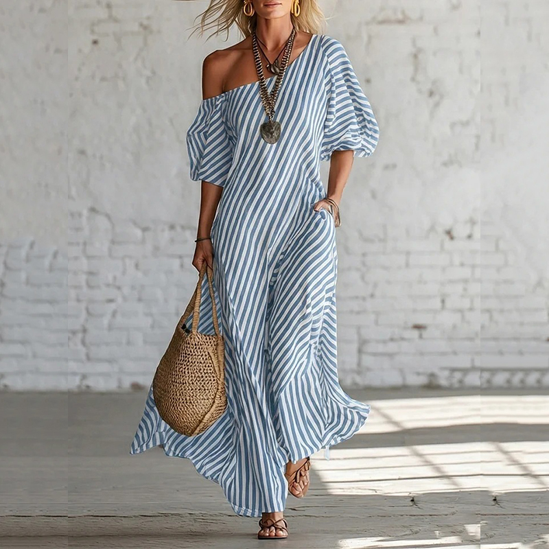 Women's Elegant Striped Off-shoulder Cotton Dress elevenforest
