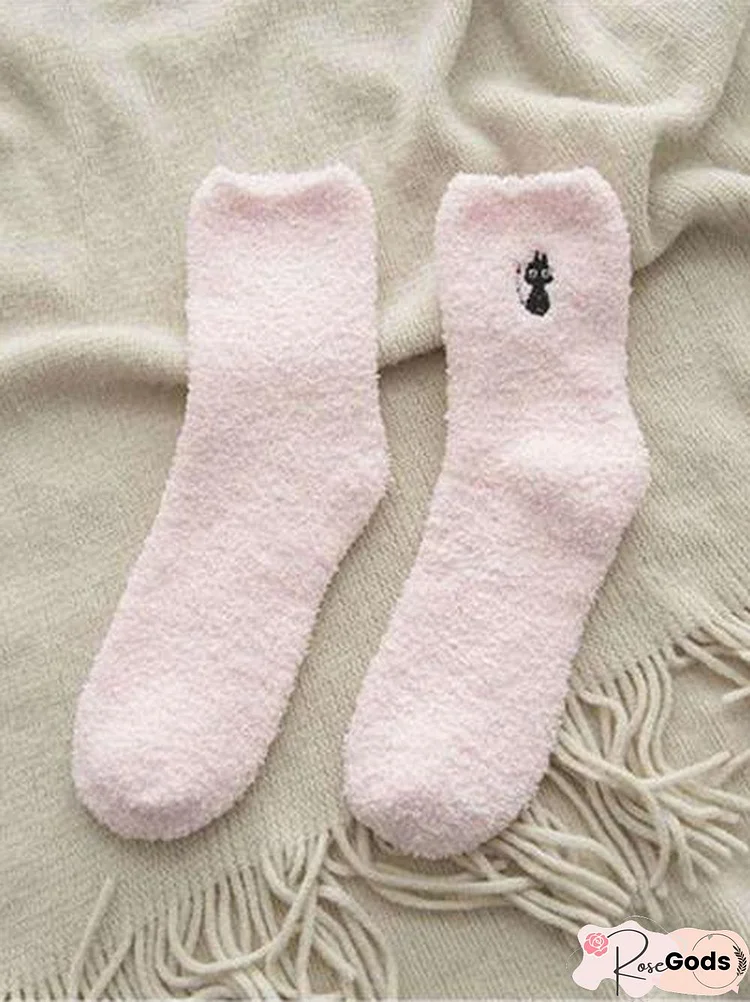 Casual Solid Color Cat Embroidered Pattern Cotton Coral Fleece Socks Home Daily Commute Accessories