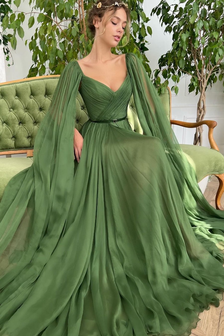 Luluslly V-Neck Ruffle Sleeves Evening Dress Split Long Party Gown