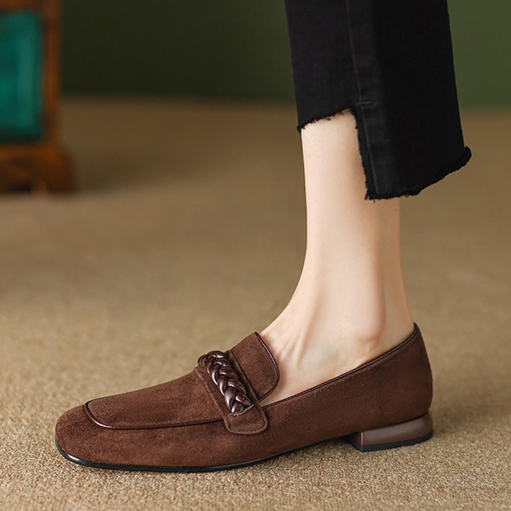 Brown Vegan Suede Square Toe Chunky Heel Chain Loafers Nicepairs