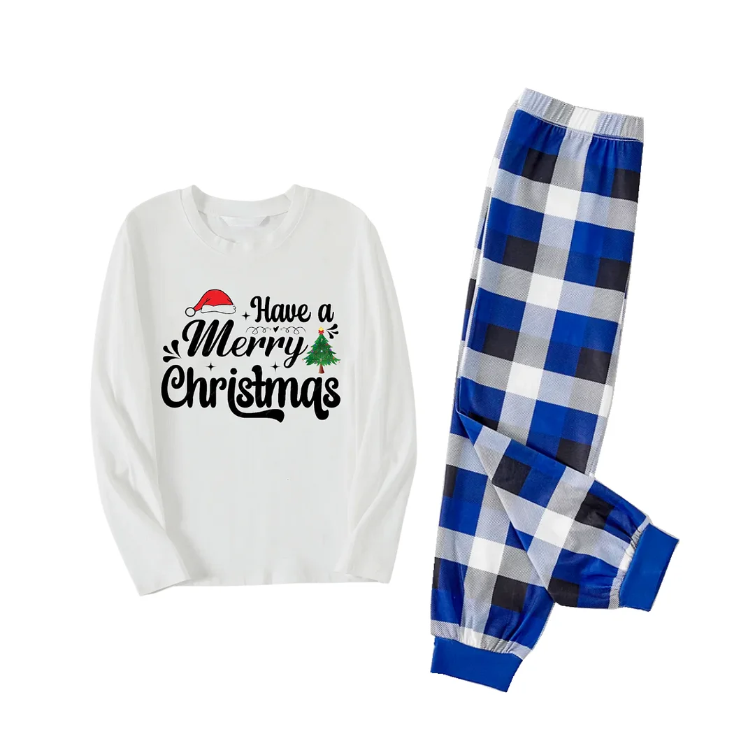 "Have a Merry Christmas"  Printed Pattern White Long Sleeve Top With Blue & Black & White Plaid Family Matching Pajamas
