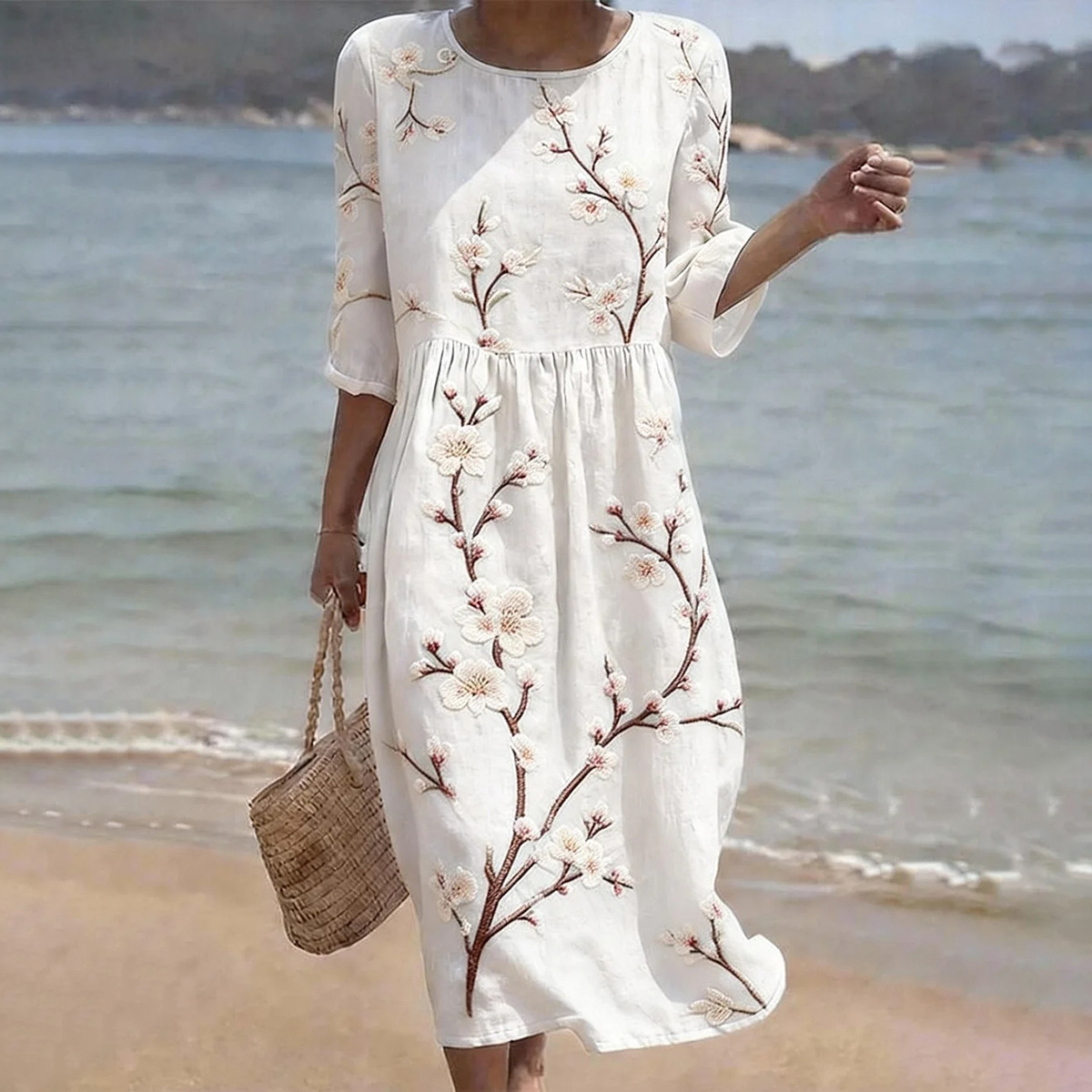 Vintage Floral Cherry Blossoms Art Pattern Linen Blend Loose Three-quarter Sleeve Dress wearshes