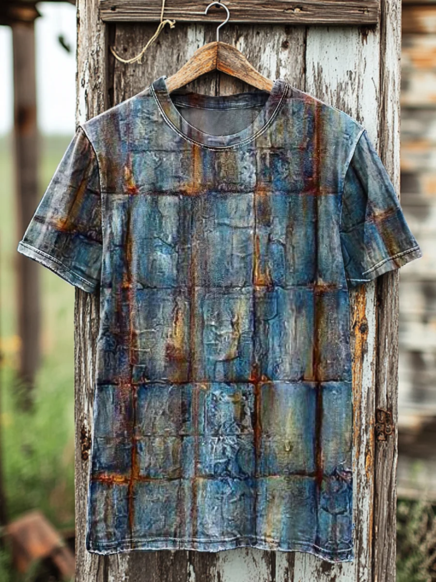 Vintage Aged Blue Geometric Print Casual T-Shirt