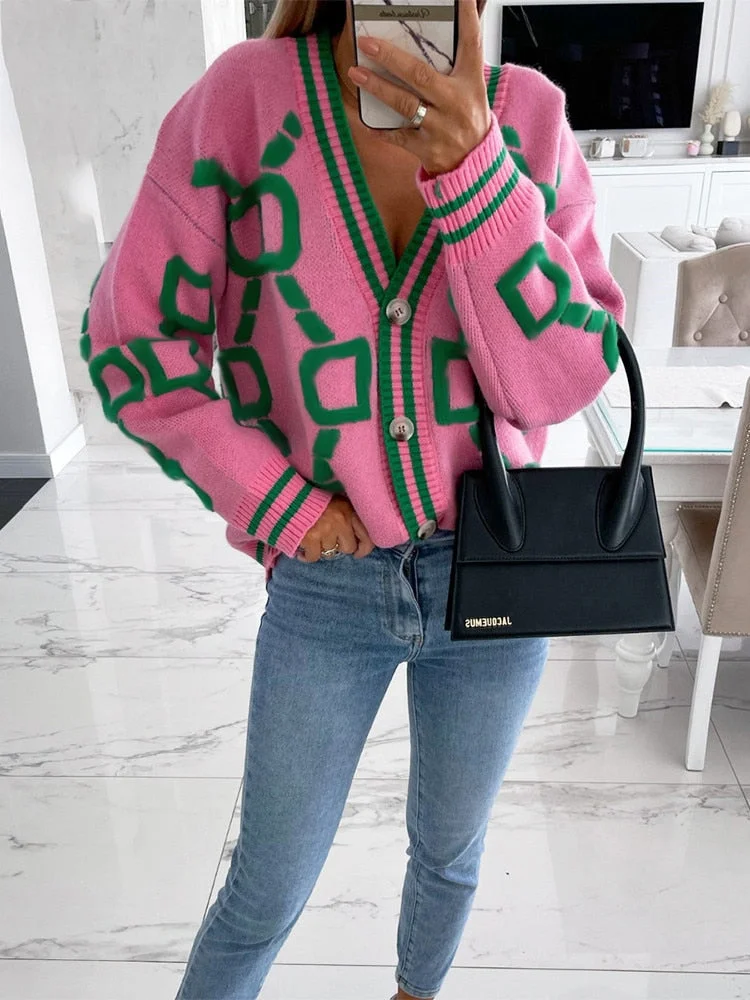 FSDA 2021 V Neck Long Sleeve Caridigan Women Green Autumn Winter Knitted Sweater Loose Casual Fashion Jumper Tops Vintage
