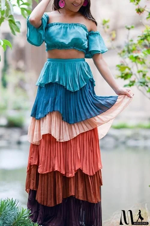 MidiSono - Pleat Layers Off Shouder Skirt Dress