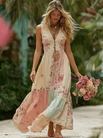 Women's Rose Floral Patchwork Casual Resort Linen Blend Sleeveless Dress