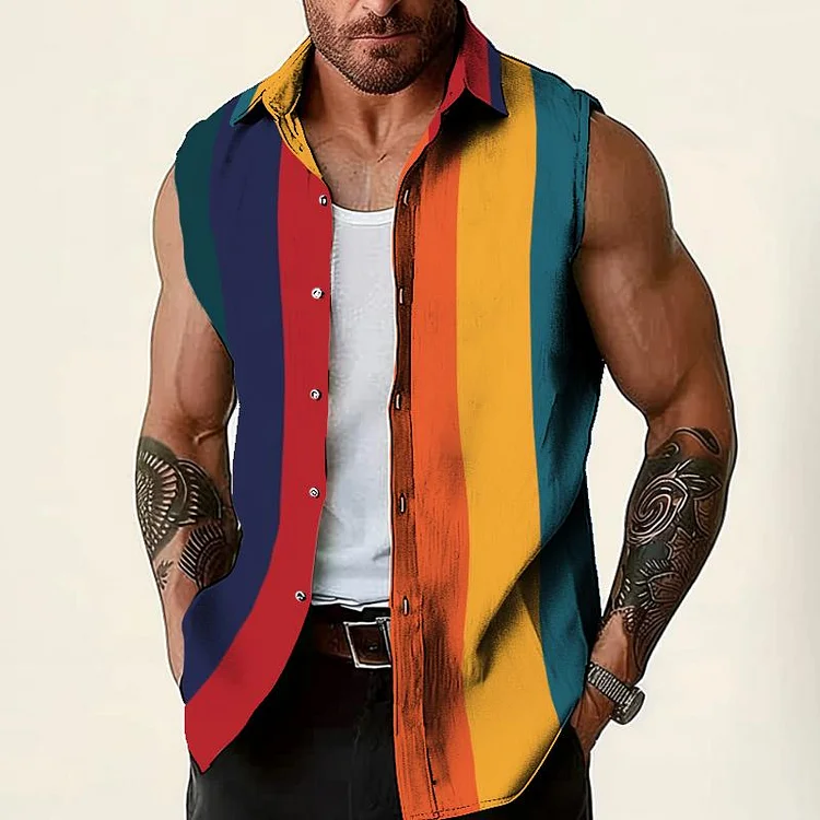 Men's Retro Rainbow Striped Sleeveless Tank Top 82096798TO
