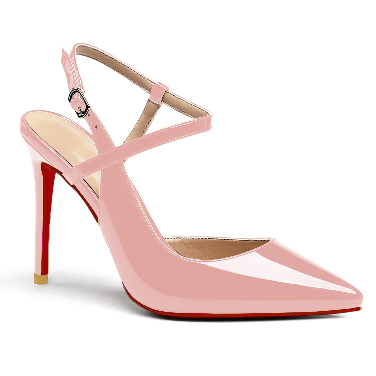 100mm Women Slingback Patent Pumps Ankle Strap Jenlove Stiletto Mid Heel Close Pointed Toe Dress Red Bottoms Shoes VOCOSI James Yang