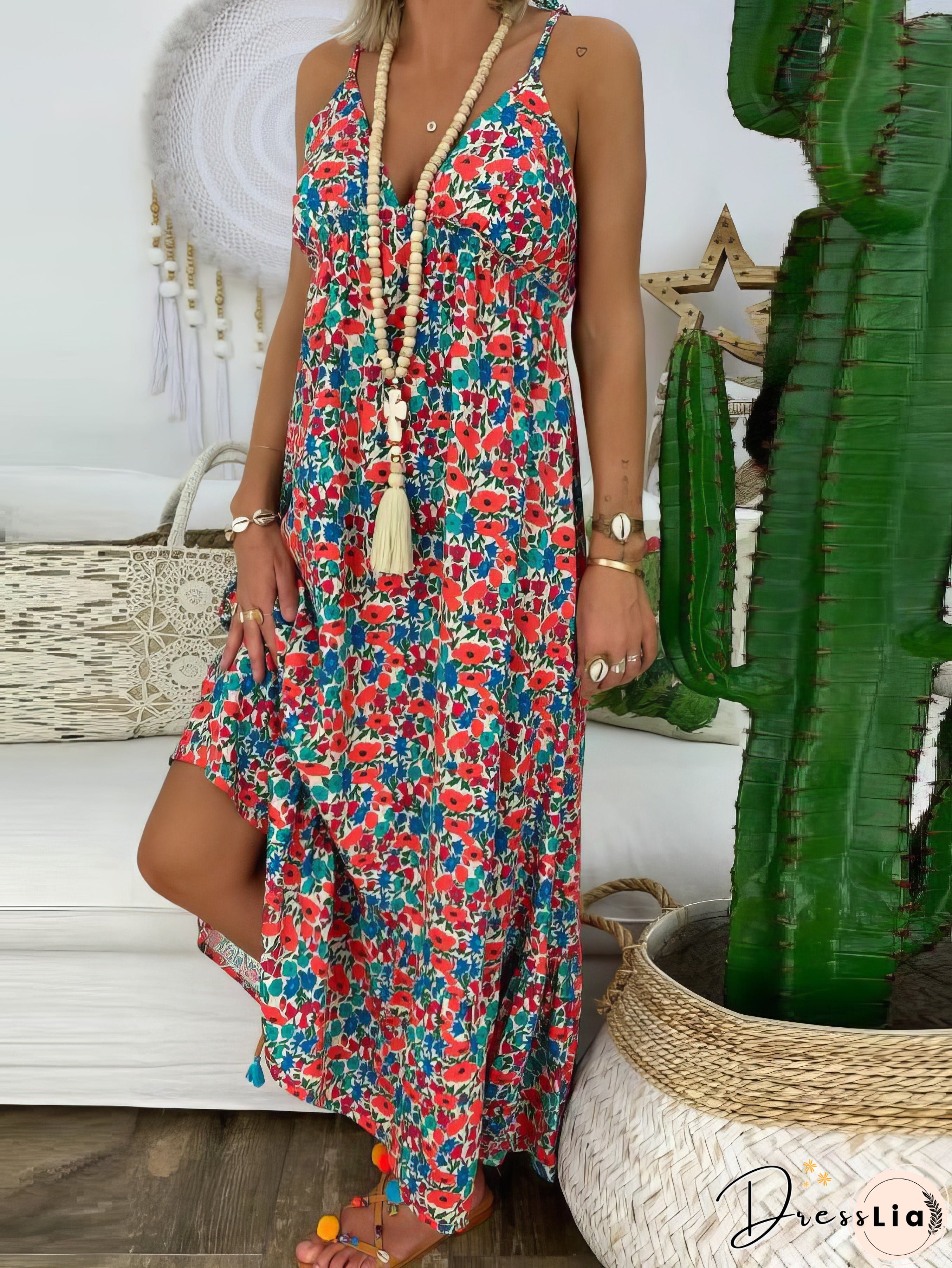 Printed Sling V-Neck Maxi Dress