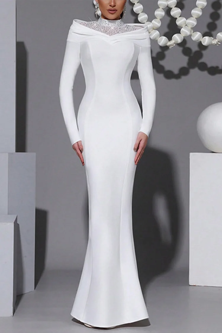 Mock Neck Mesh Rhinestone Patchwork Mermaid Maxi Dress-White