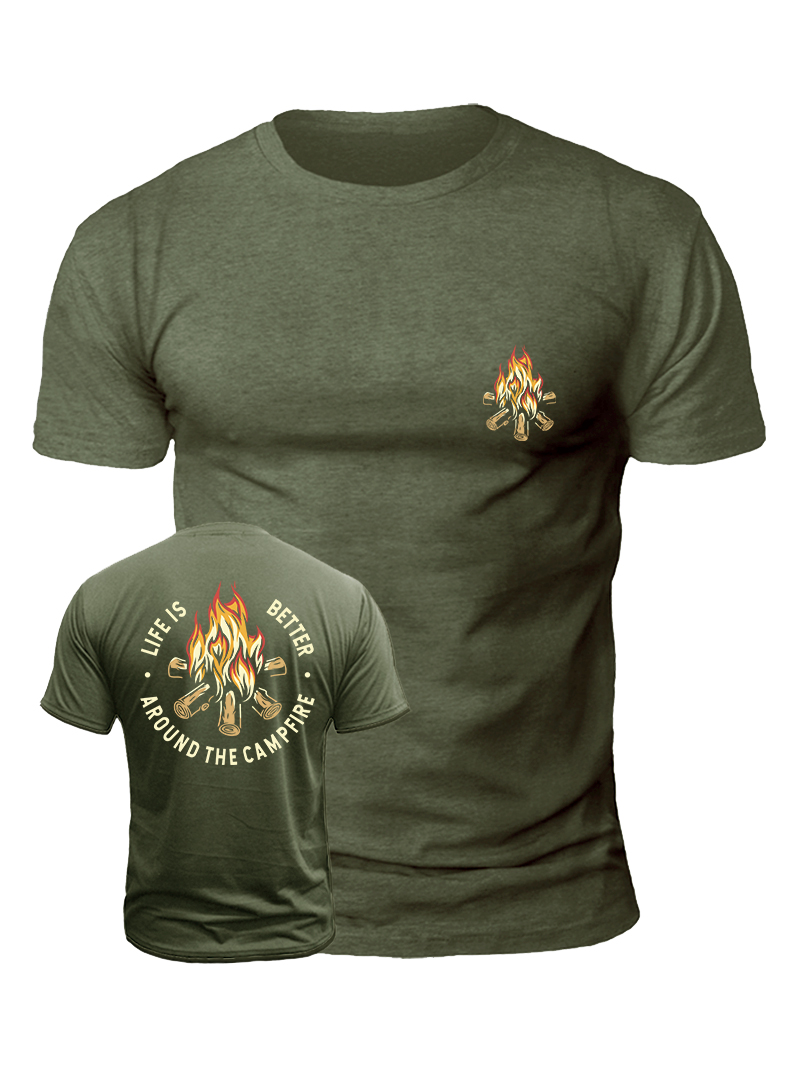 Men's Firewood Pile Fire Print Casual Short Sleeve T-shirt