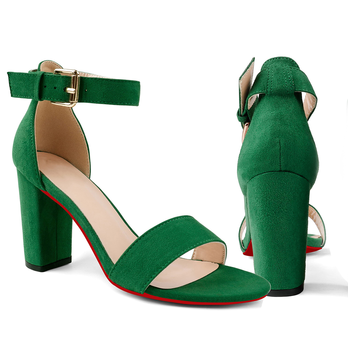 90mm Women's Chunky Heel Sandals Red Bottom High Heels Open Toe Ankle Strap Shoes-MERUMOTE