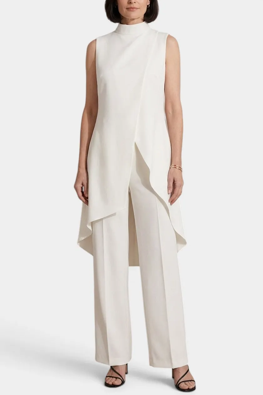 Asymmetric High-Neck Sleeveless Tunic with Wide-Leg Trousers