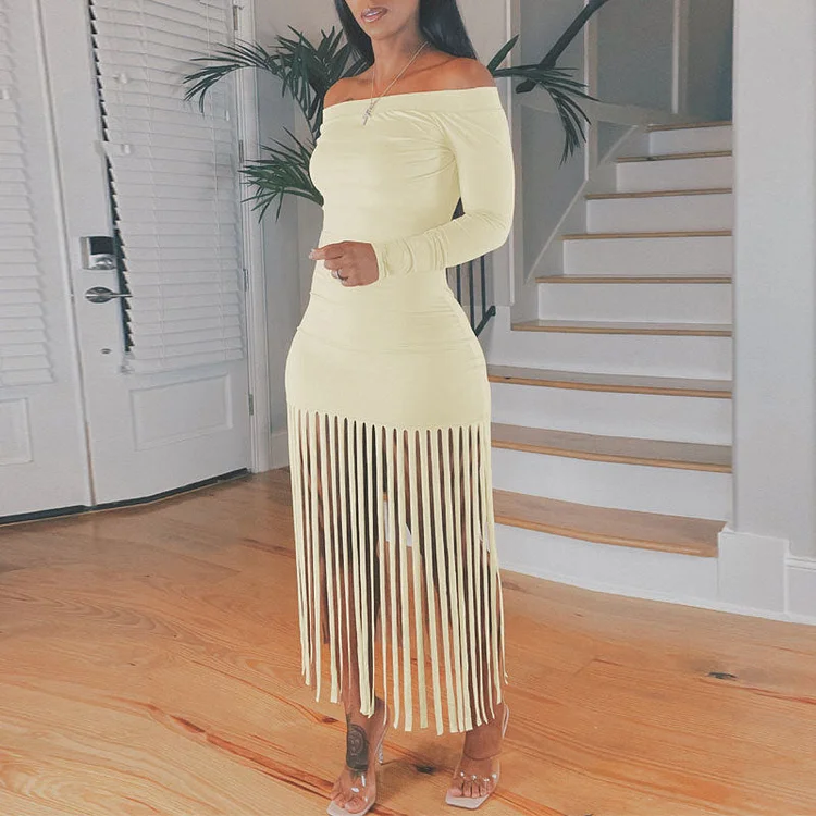 Solid Off Shoulder Long Sleeve Tassel Design Dress - IRBOOM Fashion Clothing