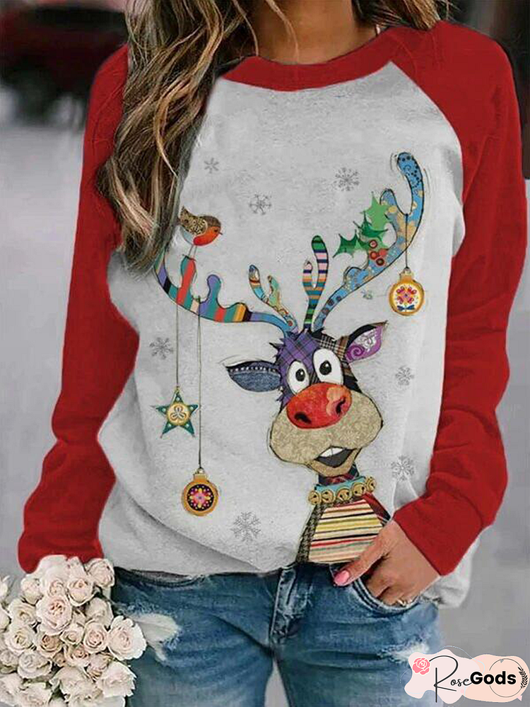 New Christmas Elk Print Casual Long Sleeve Cartoons Sweaters