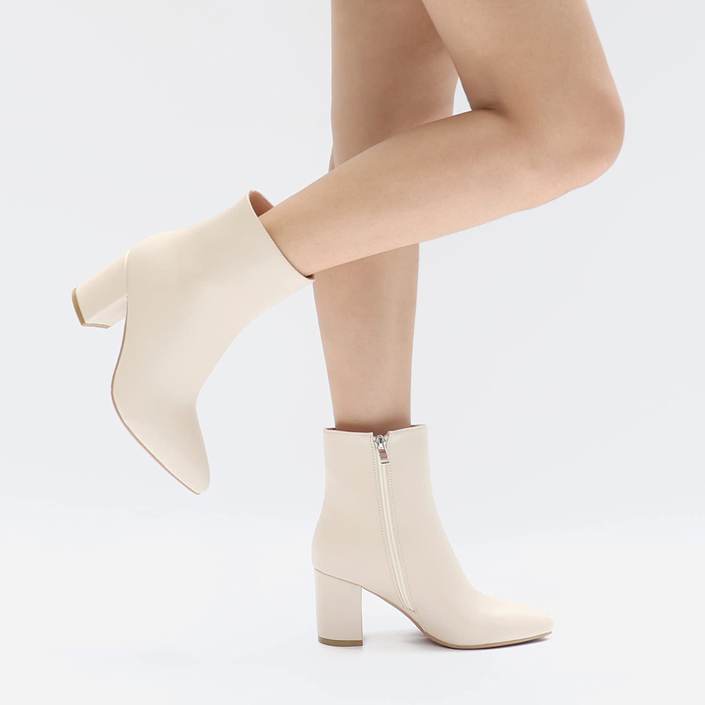 75mm Women's Zipper Pointed Toe Chunky Block Heel Ankle Boots Off White-MERUMOTE