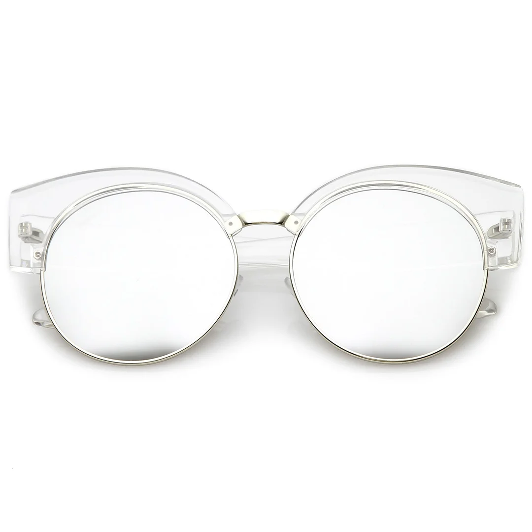 Women's Half Frame Oversize Cat Eye glasses Round Mirrored Flat Lens 59mm